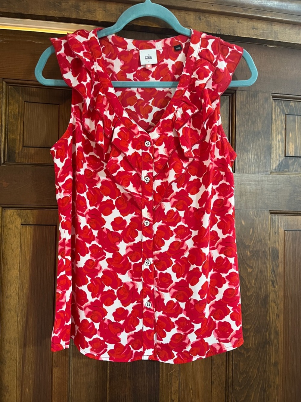 CAbi Red & White Floral Button-Front Ruffle Sleeve Top